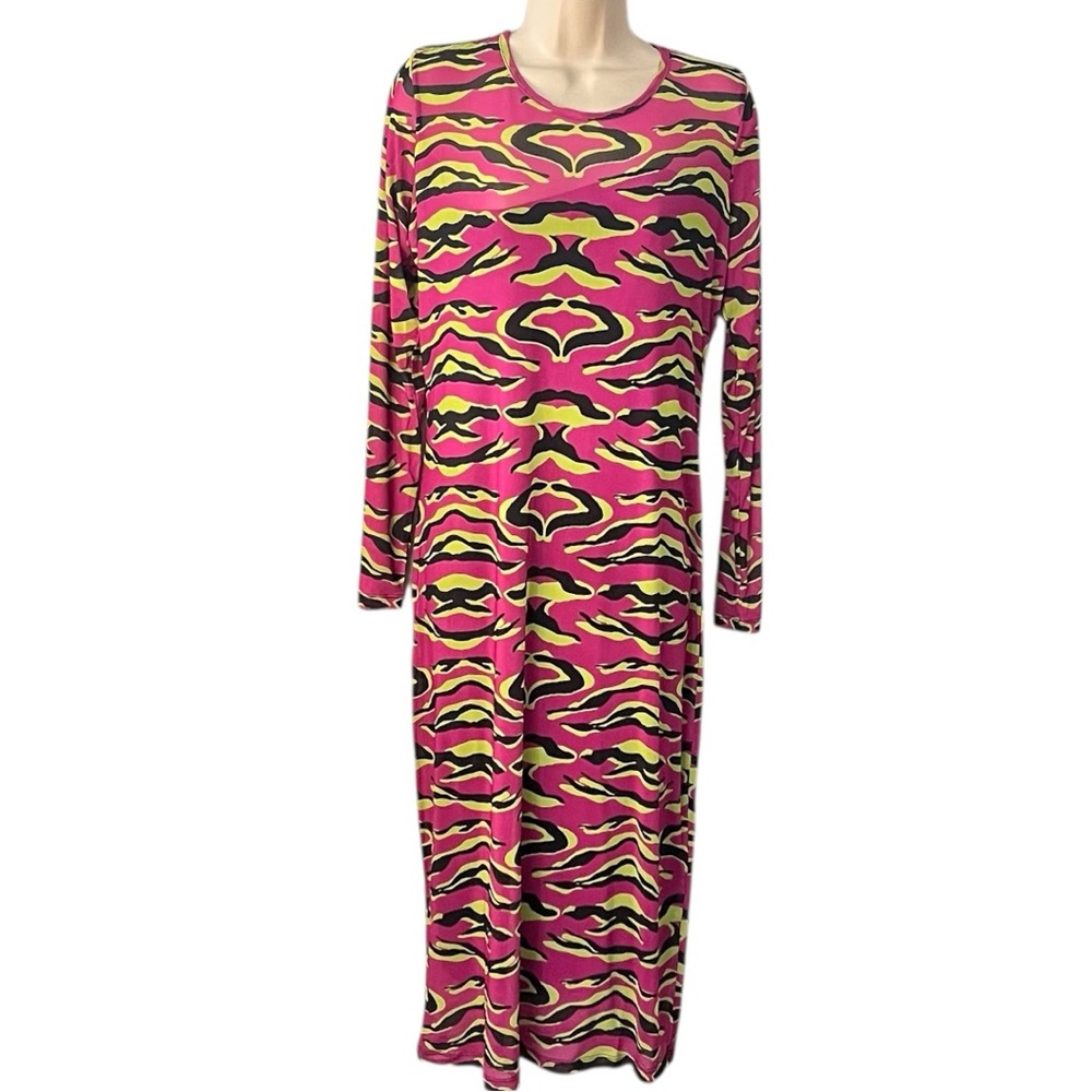 TEREA Rose Violet Animal Pink Black & Green Maxi Statement Dress XL New with Tag